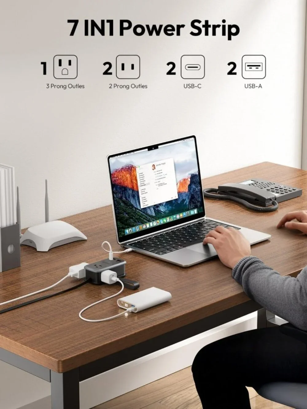 65W USB Fast Charging Station - 7-in-1 Travel Power Strip, 3 Outlets & 4 USB
